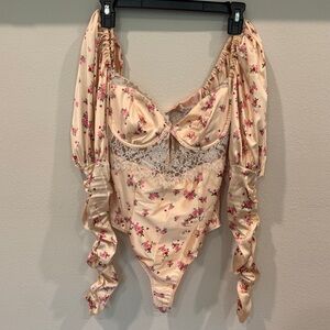 For Love and Lemons Floral Lace Bodysuit with Puff Sleeves